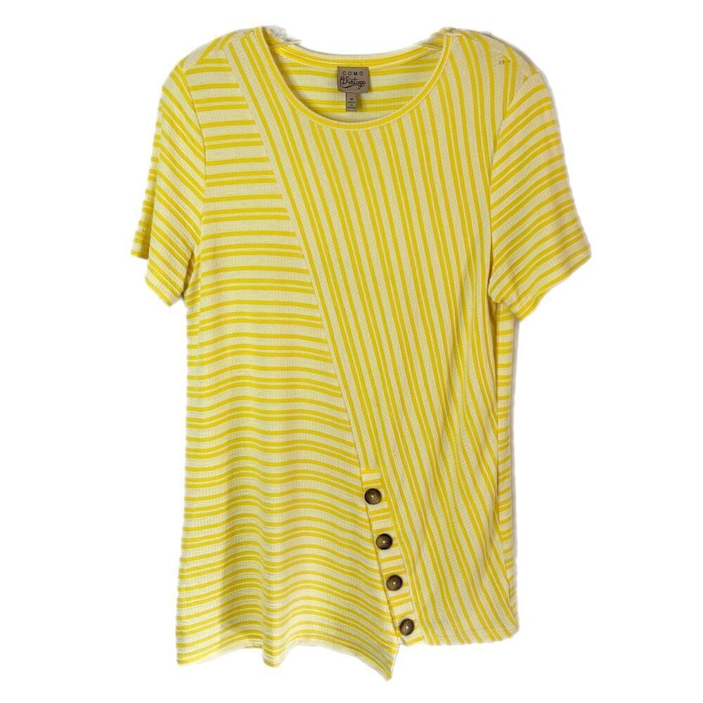 Como Vintage Women's Knit Top M Stripe Yellow Short Sleeve Asymmetric Button Hem
